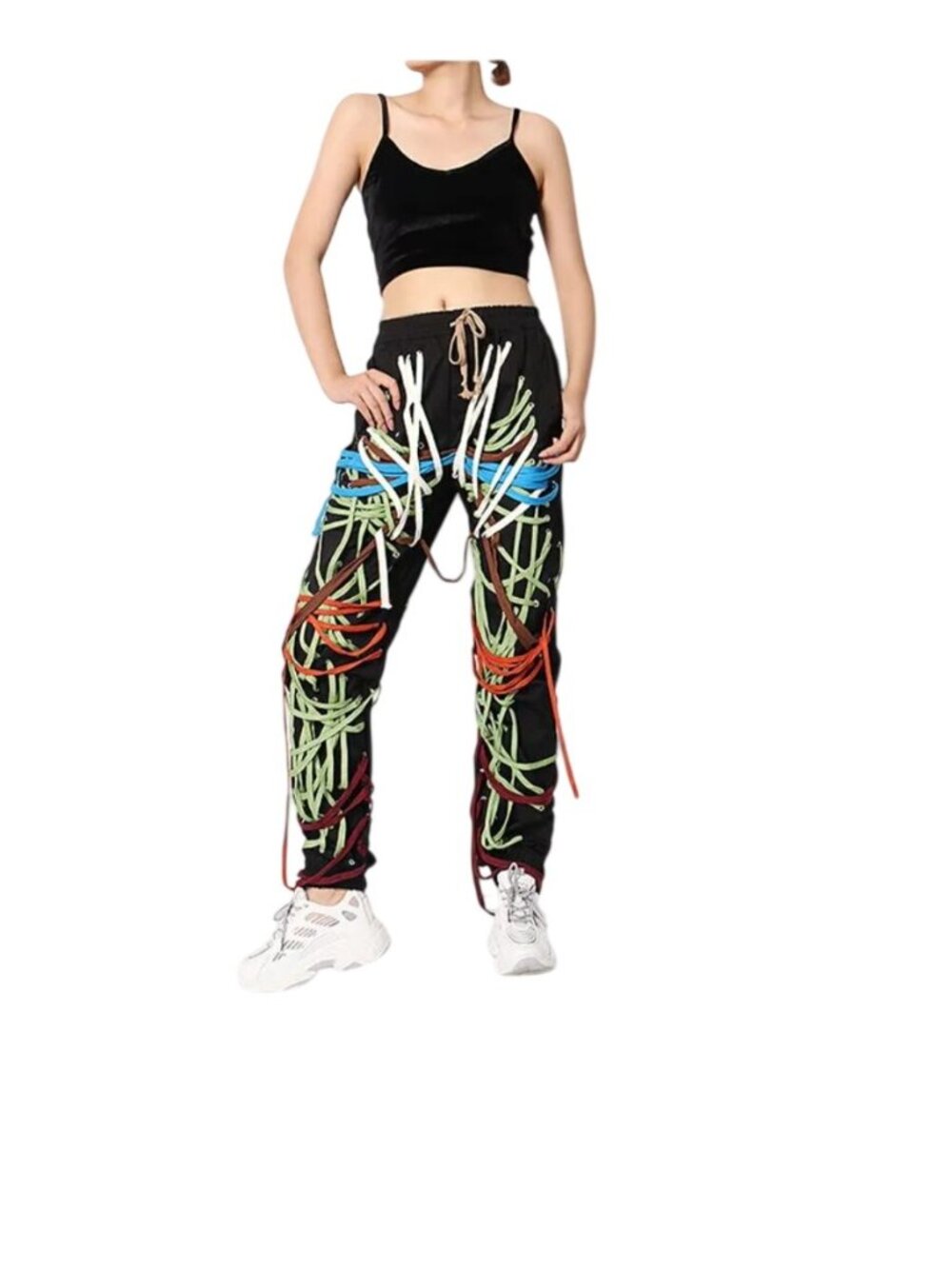 Twotwinstyle Womens High-Waist Patchwork Bandage Pants Colorful Rope Detail S - Picture 3 of 9